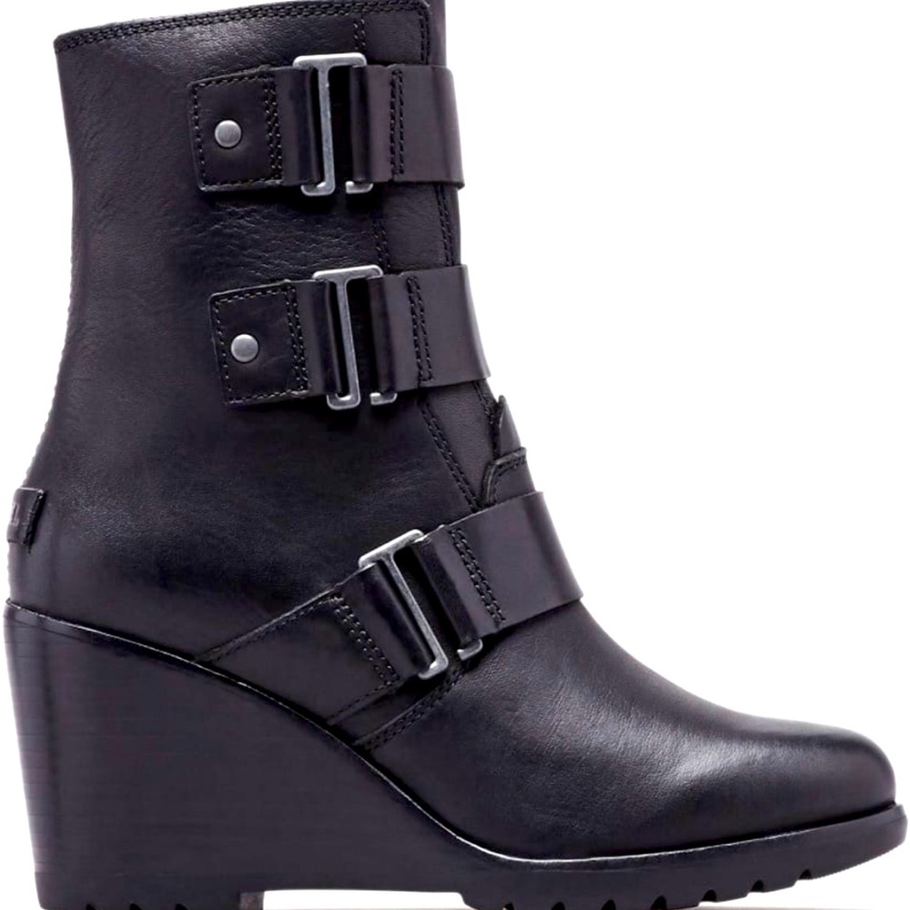 SOREL WOMENS AFTER HOURS LEATHER BOOTIE size 6.5 wedge buckle